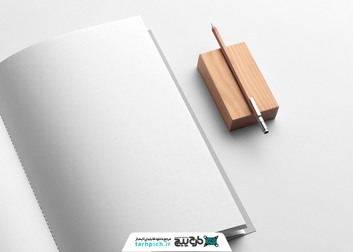 دانلود موکاپ کتاب زاویه بالا و صفحات باز و مداد