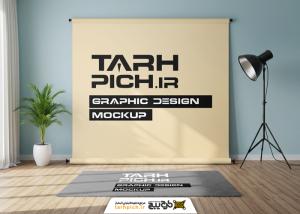 موکاپ پرده پس‌زمینه عکاسی و پادری در فضای استودیو