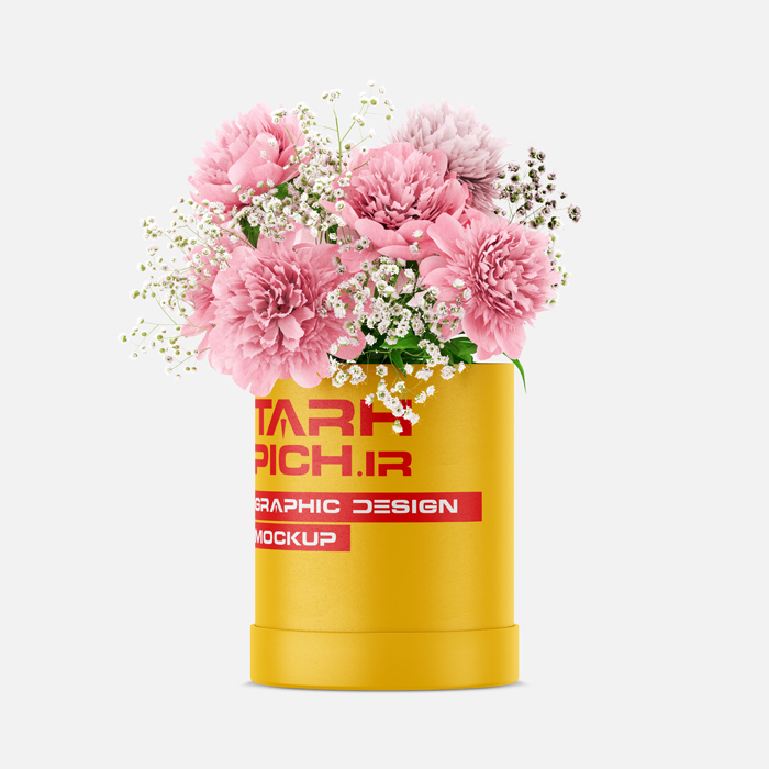 دانلود موکاپ باکس گل استوانه‌ای با دسته گل میخک و عروس