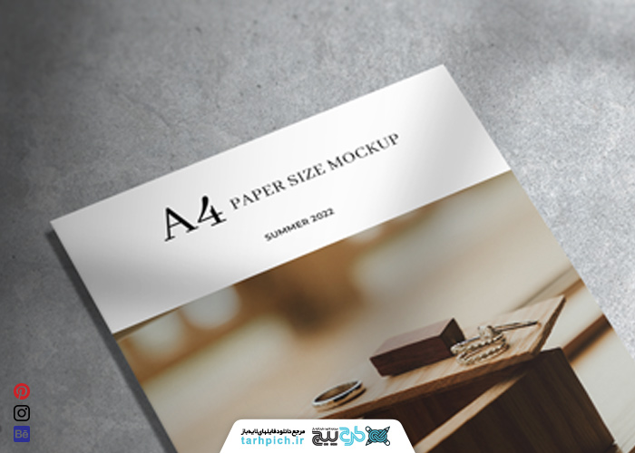 دانلود موکاپ تراکت کاغذ سایز A4 تابستان 2022 (طرح حلقه و جعبه چوبی)