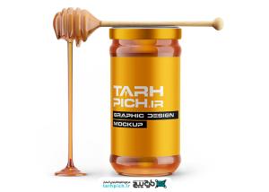 موکاپ عسل بسته بندی شیشه ایی و قاشق چوبی عسل