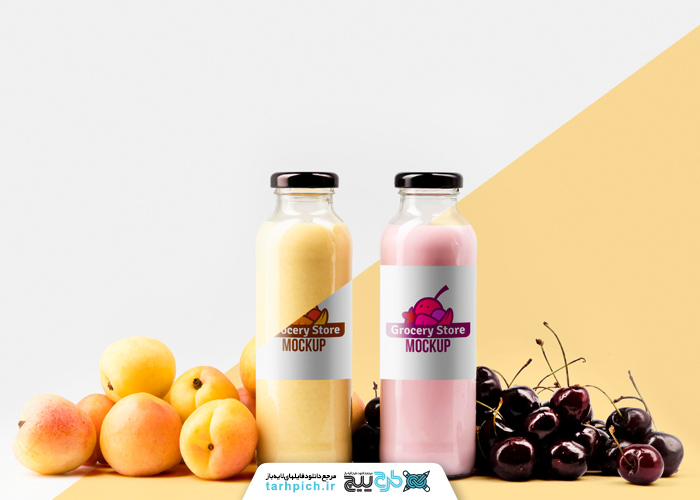دانلود موکاپ آبمیوه بطری شیشه ای گیلاس و زردآلو