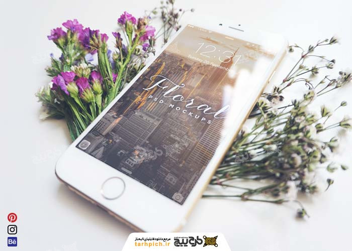 دانلود موکاپ موبایل از زاویه های مختلف با زمینه سفید و گل