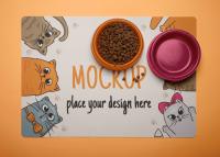دانلود موکاپ ست بزرگ مت حیوانات خانگی و ظرف غذا از نمای بالا
