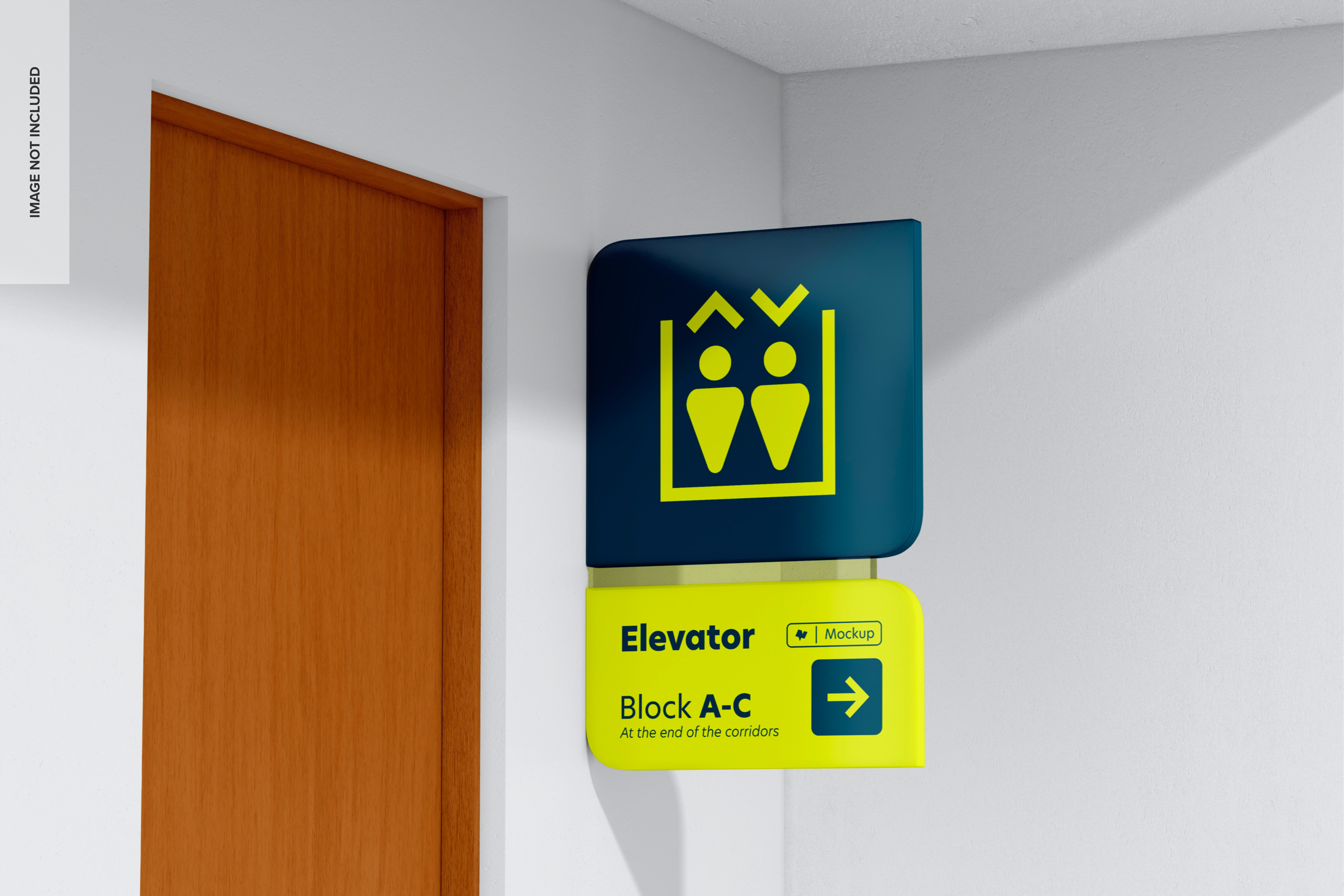 دانلود موکاپ پیکتوگرام در کنج سقف و کنار درب چوبی