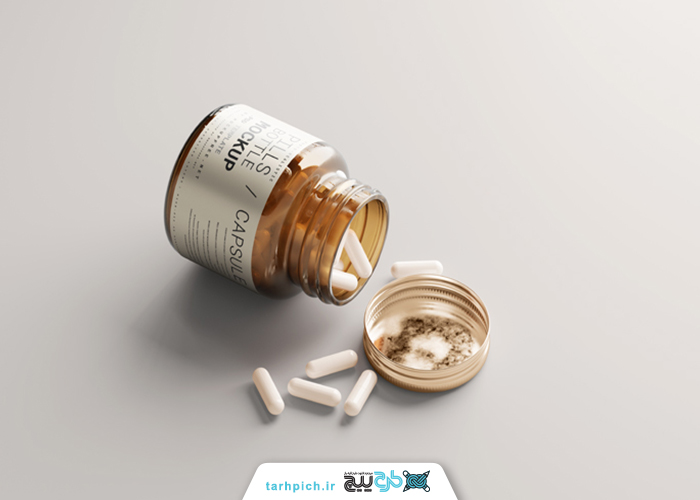 دانلود موکاپ خانواده بسته بندی بطری شیشه ای قرص از نماهای مختلف