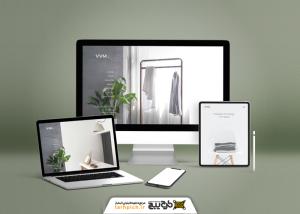 موکاپ ریسپانسیو دیوایس با نمایش دسکتاپ، لپ‌تاپ، تبلت و گوشی در محیط مینیمال