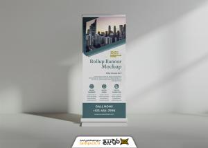 دانلود موکاپ رول آپ پایه فلزی پشت به دیوار دارای سایه