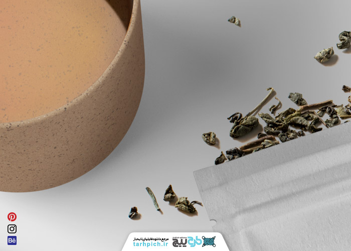 دانلود موکاپ چای بسته بندی با چای ریخته شده و فنجان