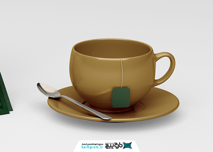 دانلود موکاپ بسته بندی چای کیسه ایی و فنجان طلایی چای