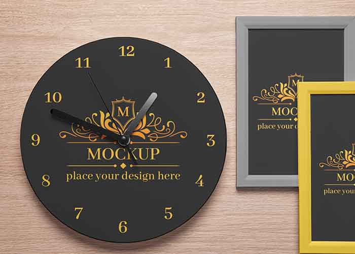 دانلود طرح موکاپ ساعت گرد کنار قاب عکس